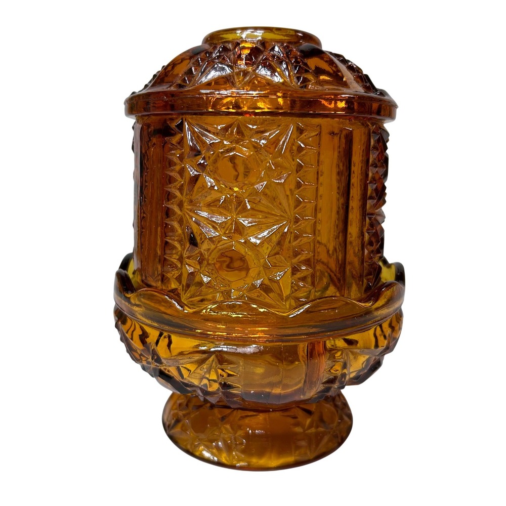 Vintage Amber Glass Fairy Lamp Stars and Bars Pattern 3 Piece Votive Holder